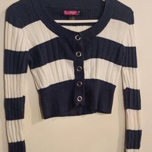 Say What ? Junior's Navy & White Striped Ribbed Button-Up Cardigan Size Large